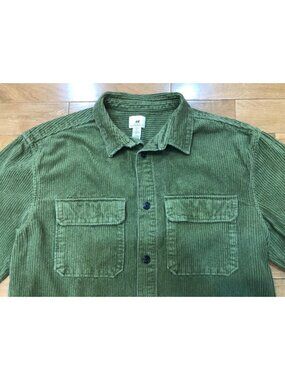 H&M Olive Green Corduroy Shacket 100% Cotton Button Front Sz L Utility Workwear